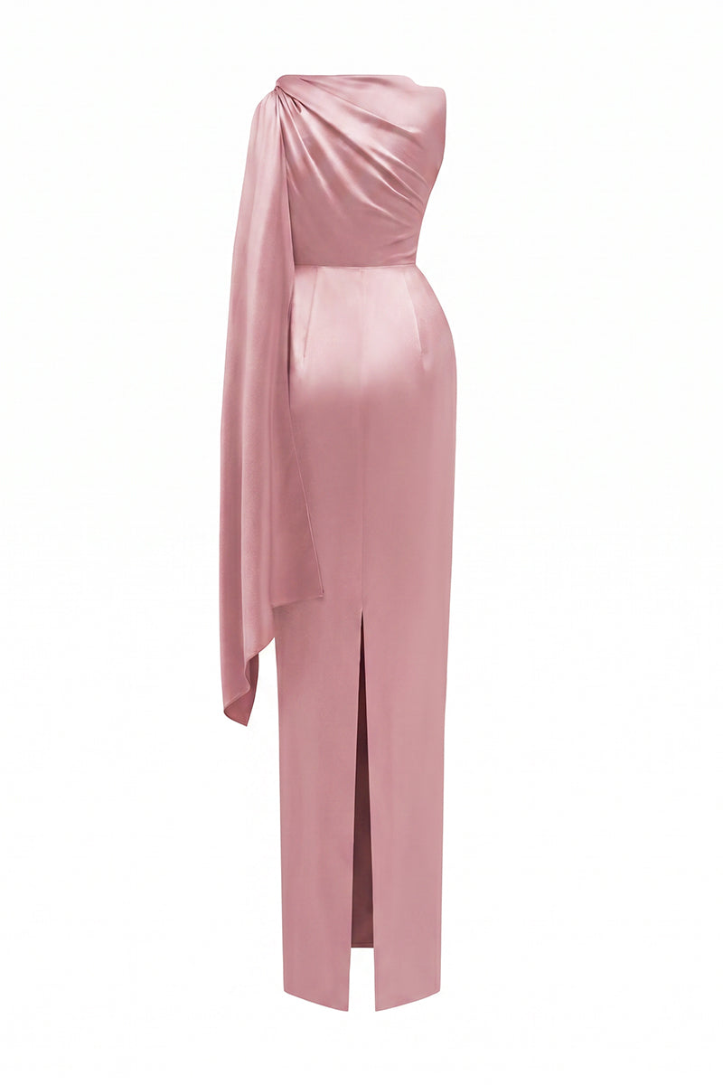 Asymmetric Pleated Gown With Tie Detail In Satin Silk