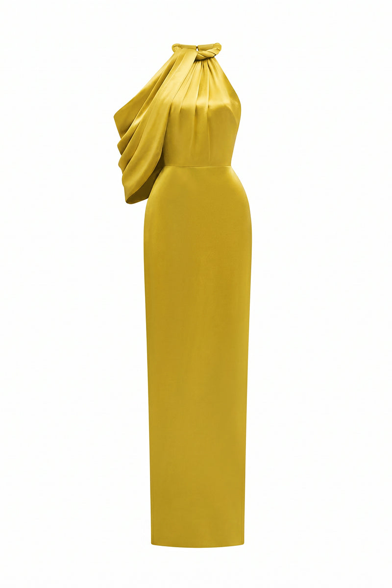 Asymmetric Pleated Halter Dress With Satin Draping