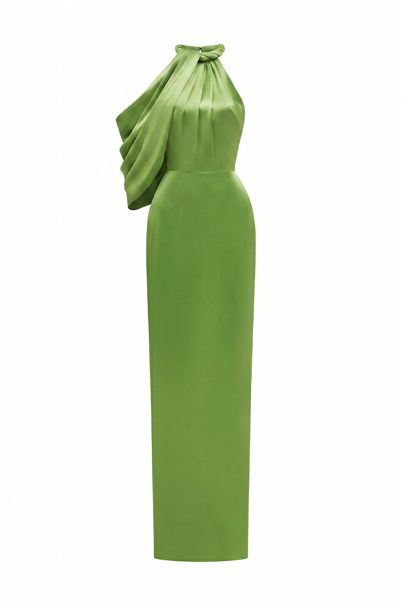Asymmetric Pleated Halter Dress With Satin Draping