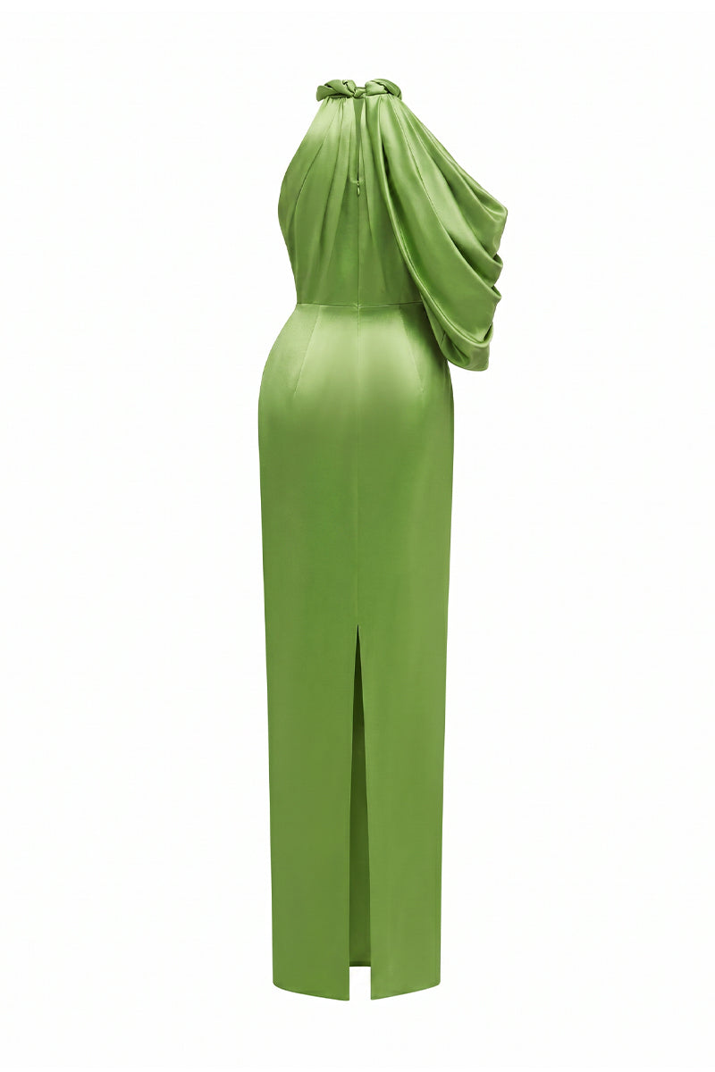 Asymmetric Pleated Halter Dress With Satin Draping