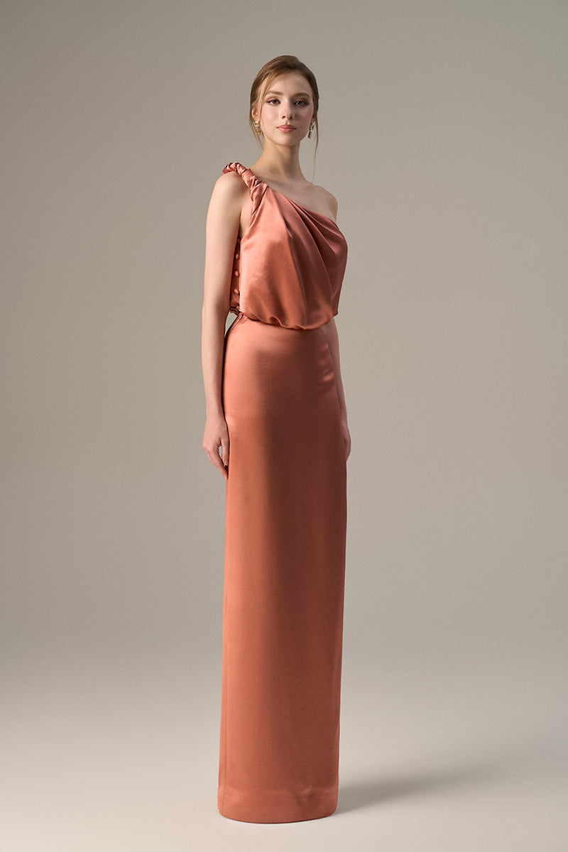 Asymmetric Twisted Bustier Dress With Pleated Satin Silk