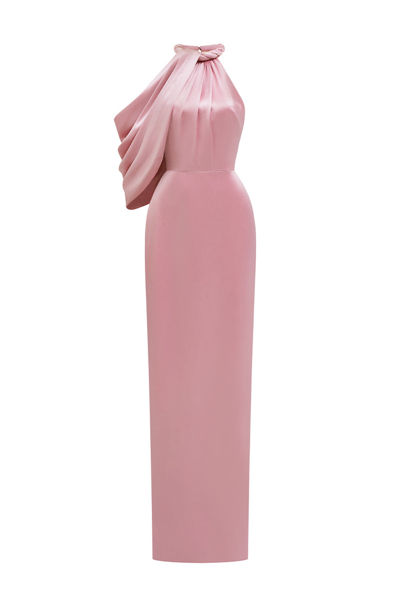 Asymmetric Pleated Halter Dress With Satin Draping