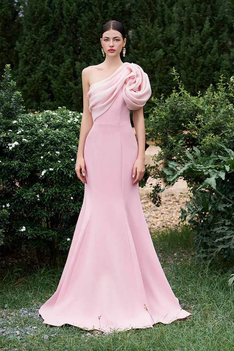 Asymmetrical Shoulder Mermaid Gown With Floral Draped Details