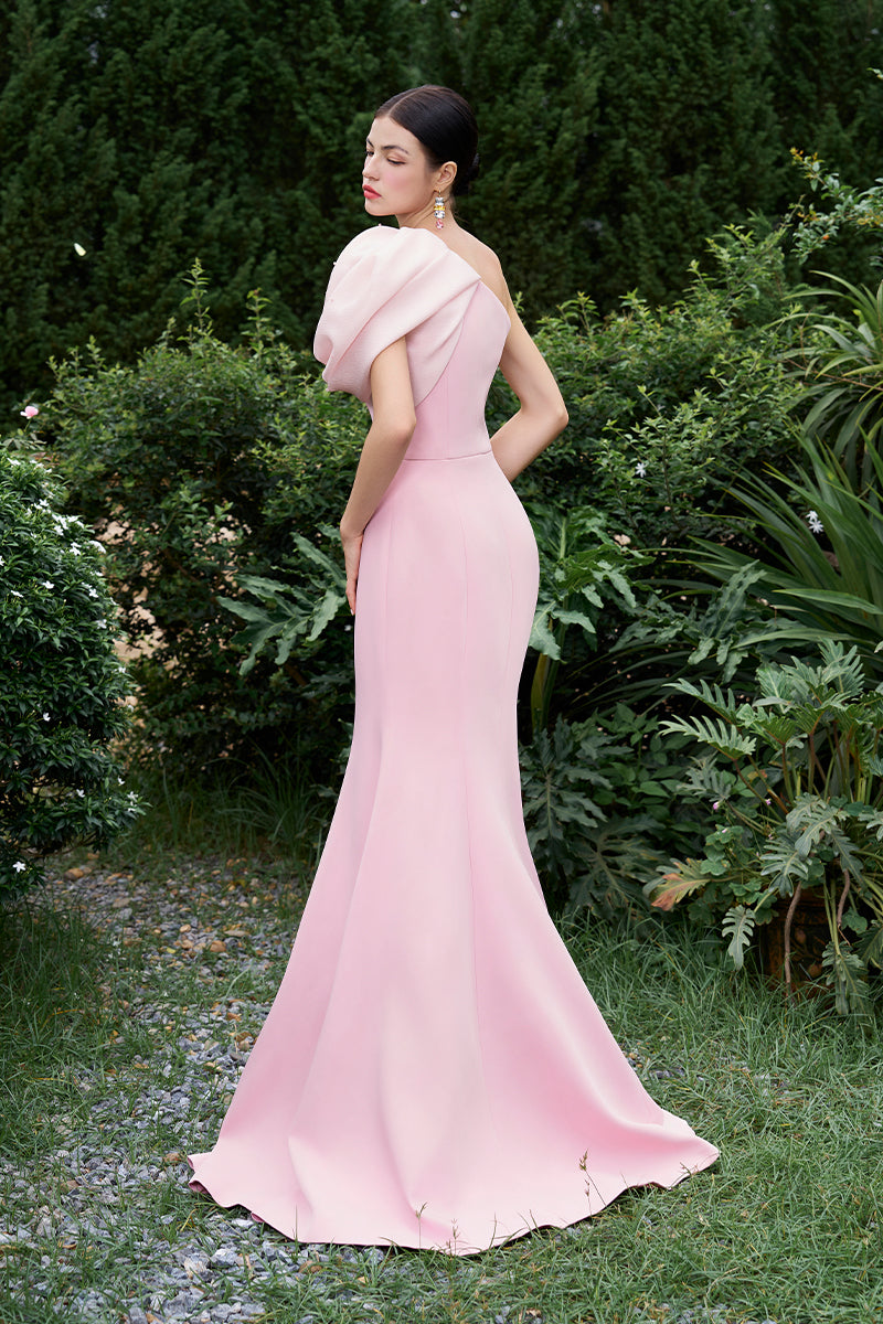 Asymmetrical Shoulder Mermaid Gown With Floral Draped Details