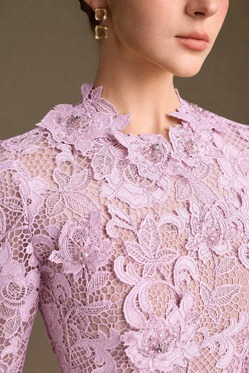 Round Neck Mermaid Gown With Long Sleeves In Light Purple Guipure Lace