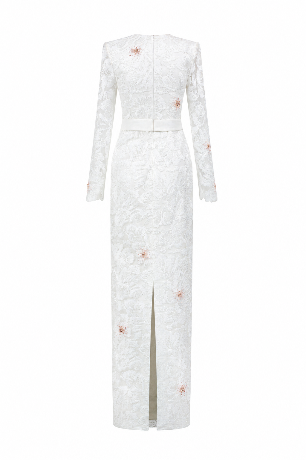 Round Neck Column Gown With Long Sleeves In White Sequin Lace