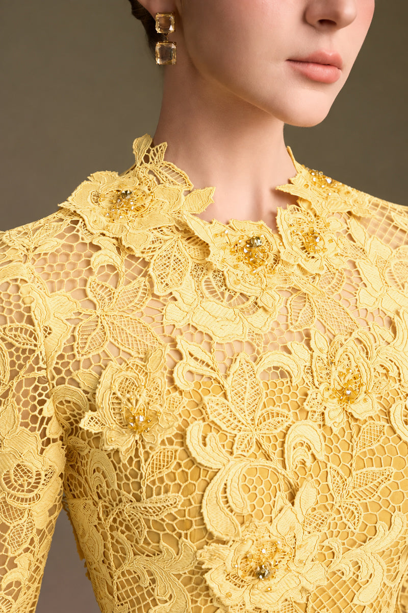 Round Neck Mermaid Gown With Long Sleeves In Yellow Guipure Lace
