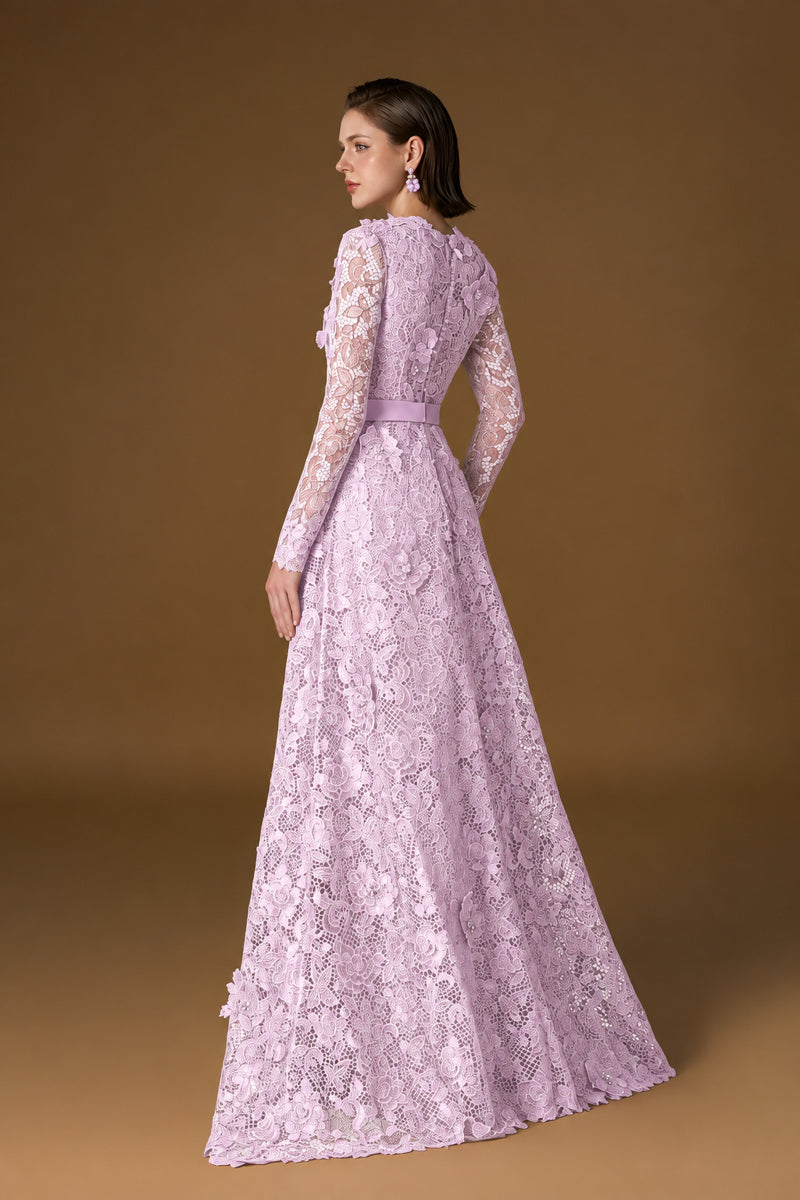 Trapeze Neck A-line Gown With Long Sleeves In Light Purple Guipure Lace