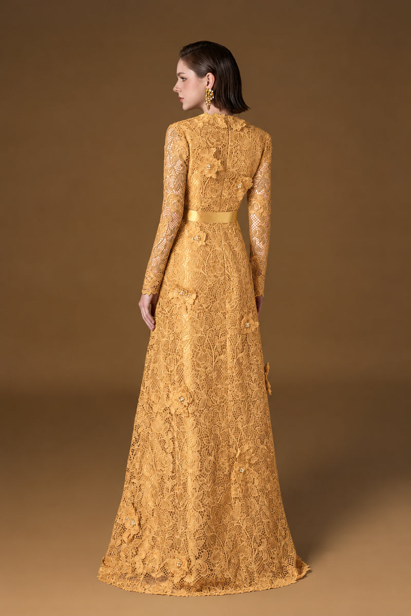 V Neck A-line Gown With Long Sleeves In Yellow Guipure Lace