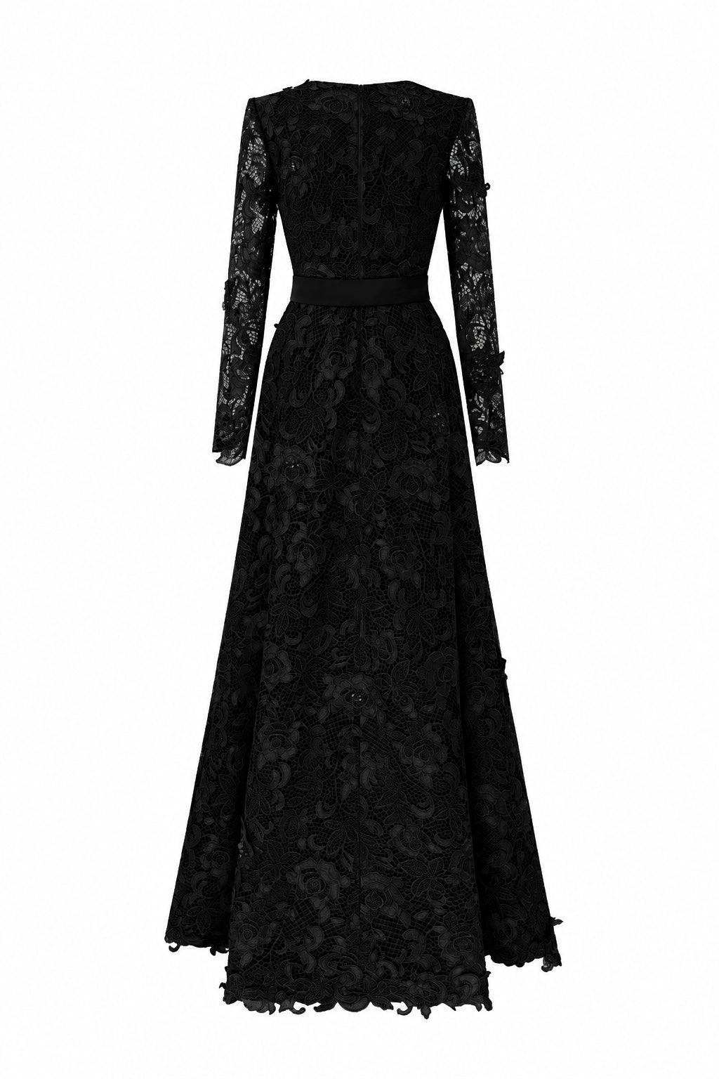 Trapeze Neck A-line Gown With Long Sleeves In Black Guipure Lace