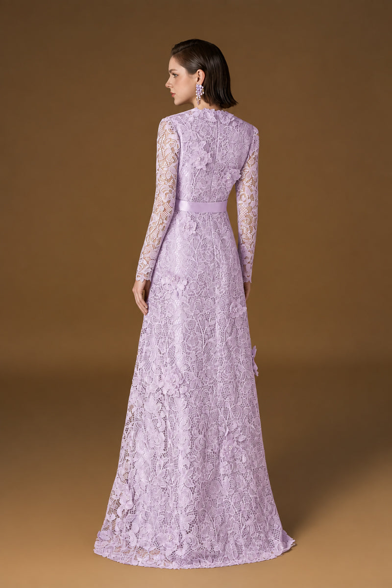 V Neck A-line Gown With Long Sleeves In Light Purple Guipure Lace