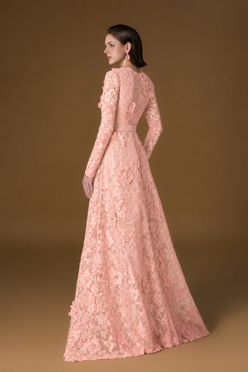 Trapeze Neck A-line Gown With Long Sleeves In Light Pink Guipure Lace