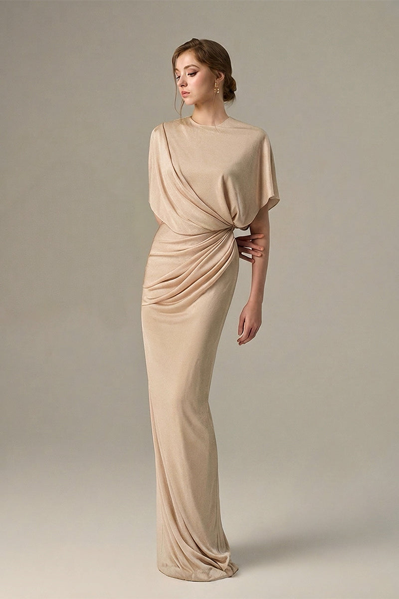 Beige Jersey Dress Wth Gathered Waist And Tie Detail