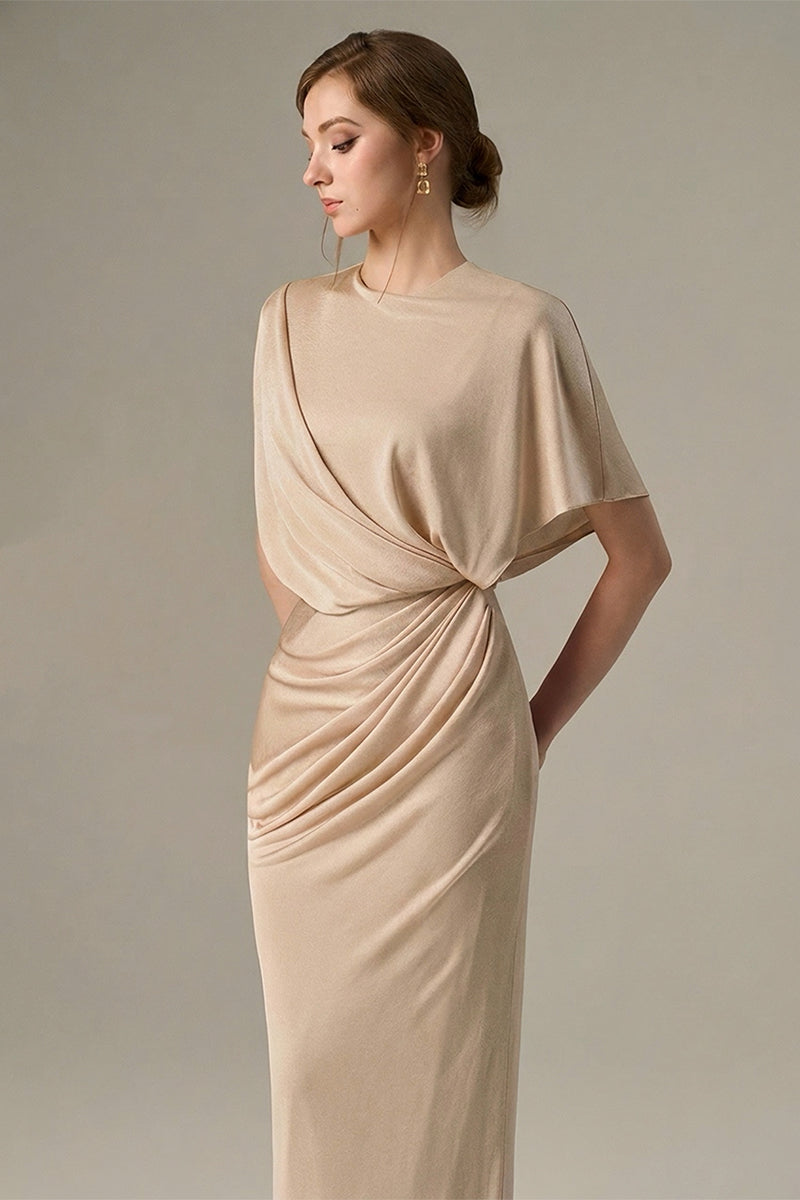 Beige Jersey Dress Wth Gathered Waist And Tie Detail