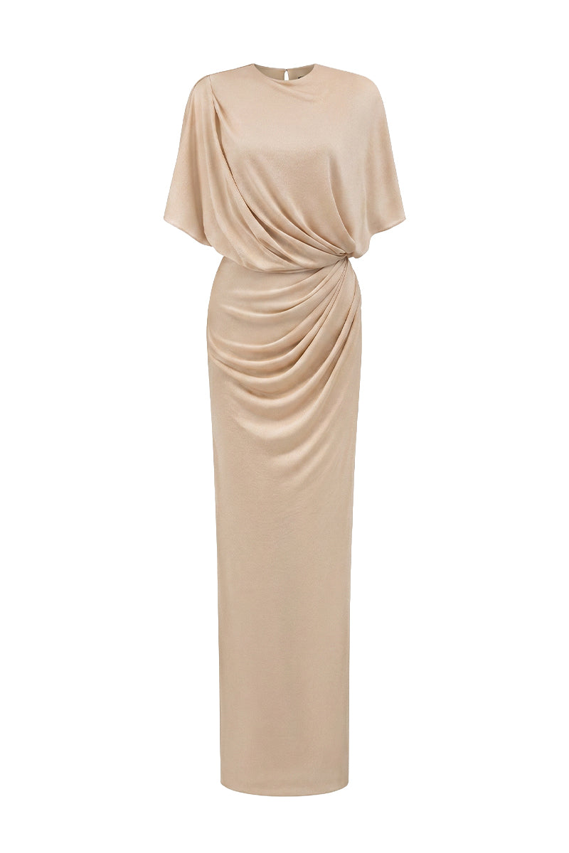 Beige Jersey Dress Wth Gathered Waist And Tie Detail