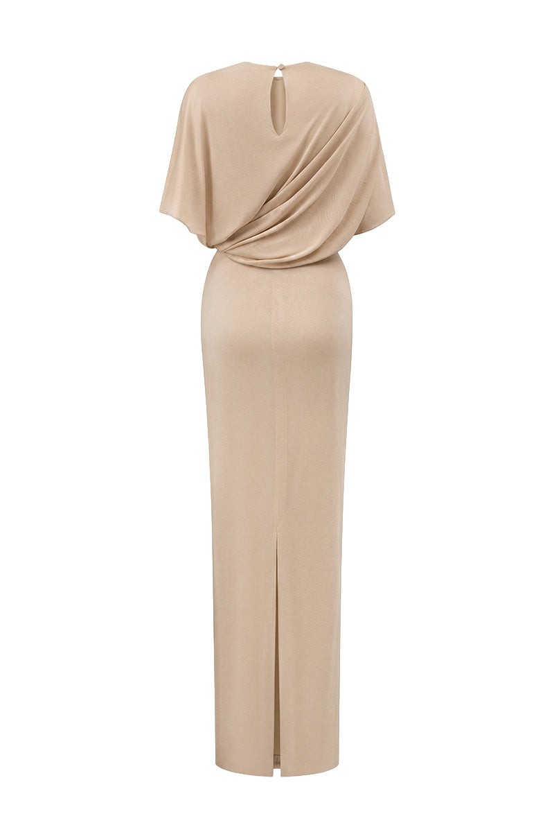Beige Jersey Dress Wth Gathered Waist And Tie Detail