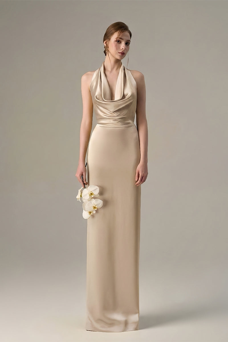 Beige Satin Silk Halter Dress With Pleated Detailing