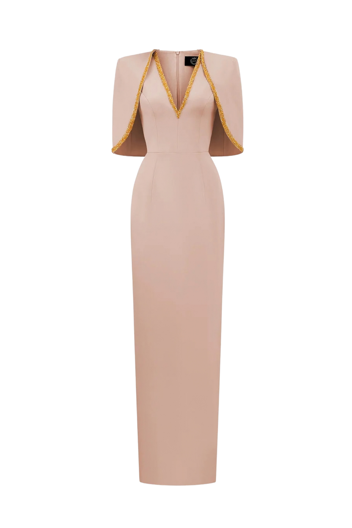 Beige Midi V-Neck Column Dress With Attached Cape Detail
