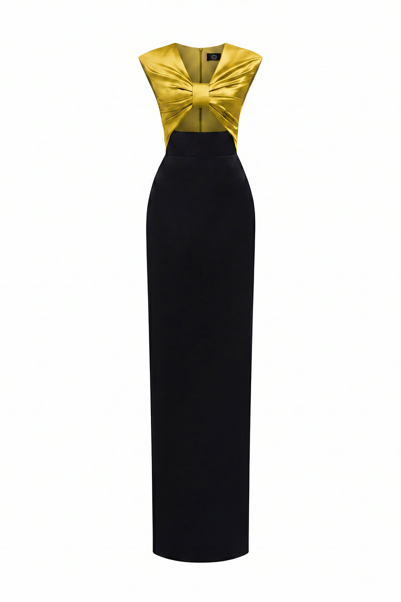 Black Taffeta Gown With A Statement Bow, Cut-out, And Satin Silk Accents