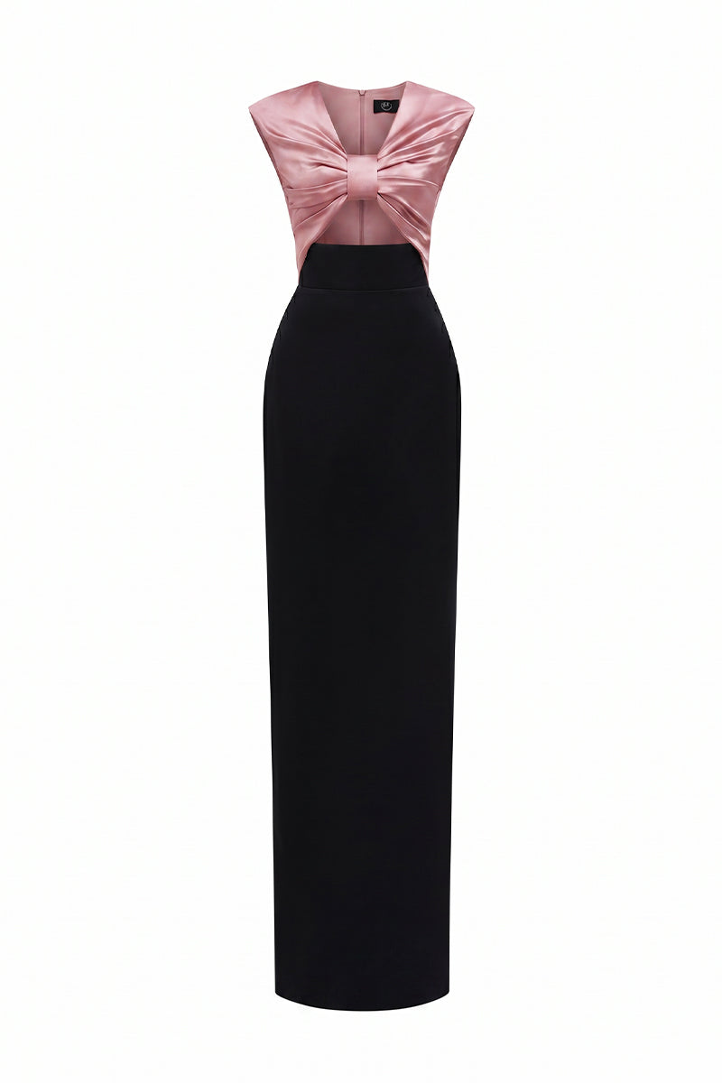 Black Taffeta Gown With A Statement Bow, Cut-out, And Satin Silk Accents