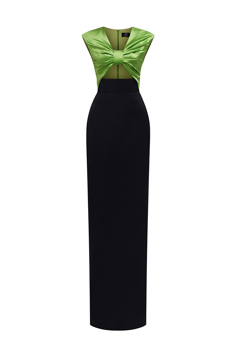 Black Taffeta Gown With A Statement Bow, Cut-out, And Satin Silk Accents