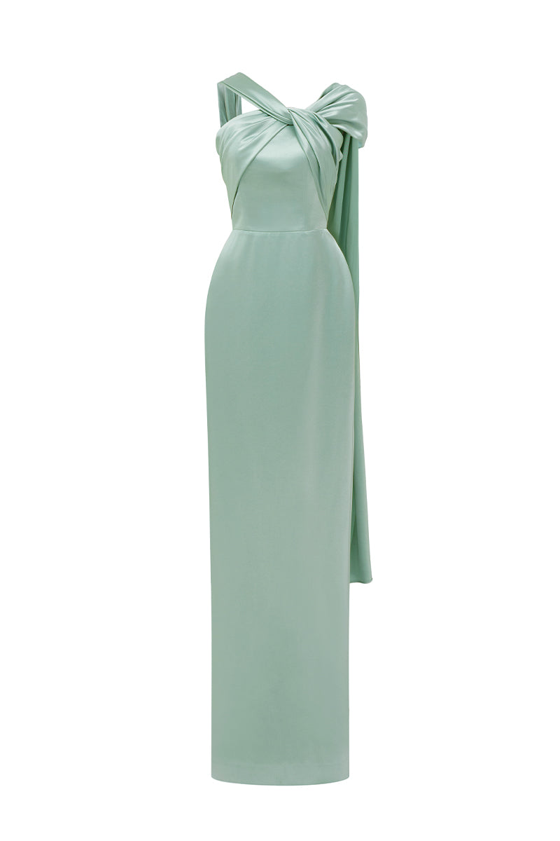 Blue Satin Silk Dress With Twisted Cross And Pleated Drape