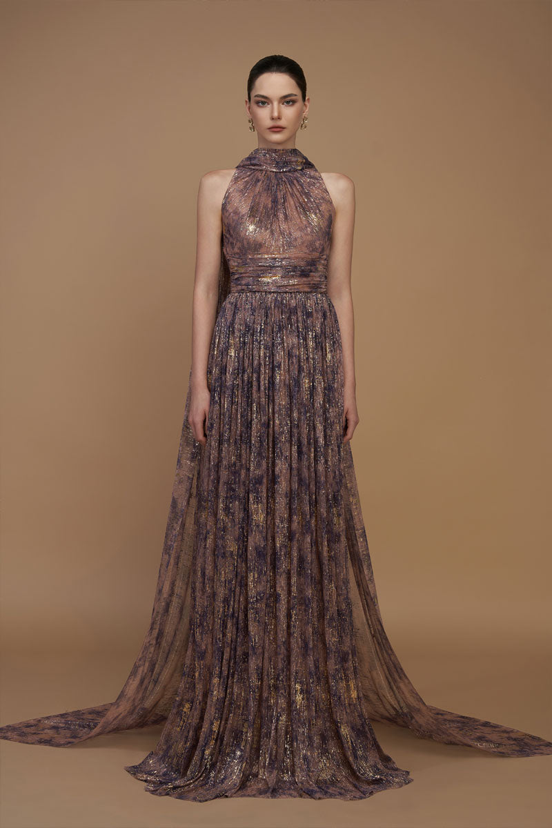 Bottle Neck A-Line Gown With Ruffle Back Train In Purple Tie-Dyed Golden Chiffon