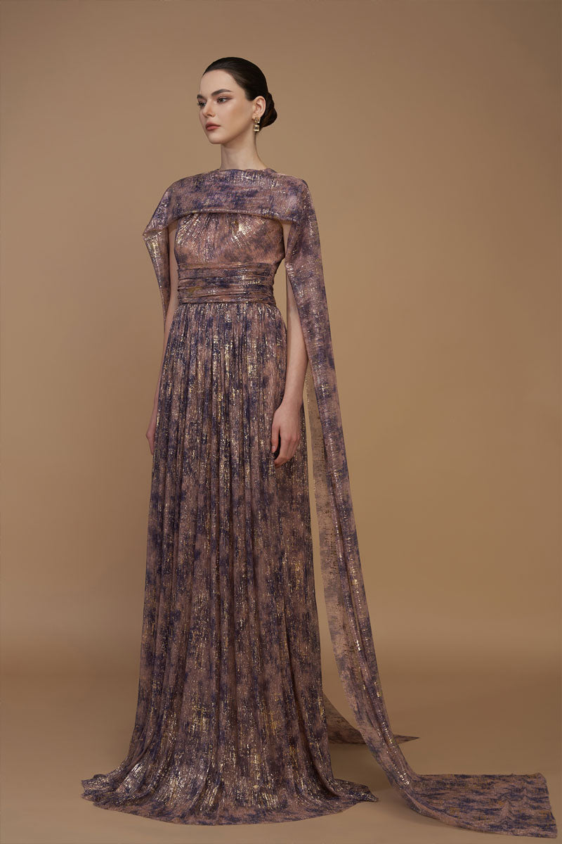 Bottle Neck A-Line Gown With Ruffle Back Train In Purple Tie-Dyed Golden Chiffon