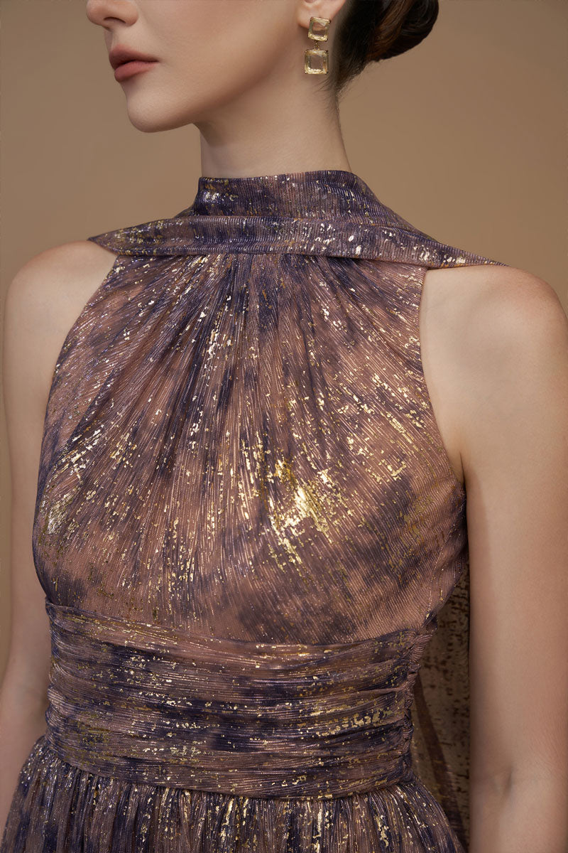 Bottle Neck A-Line Gown With Ruffle Back Train In Purple Tie-Dyed Golden Chiffon