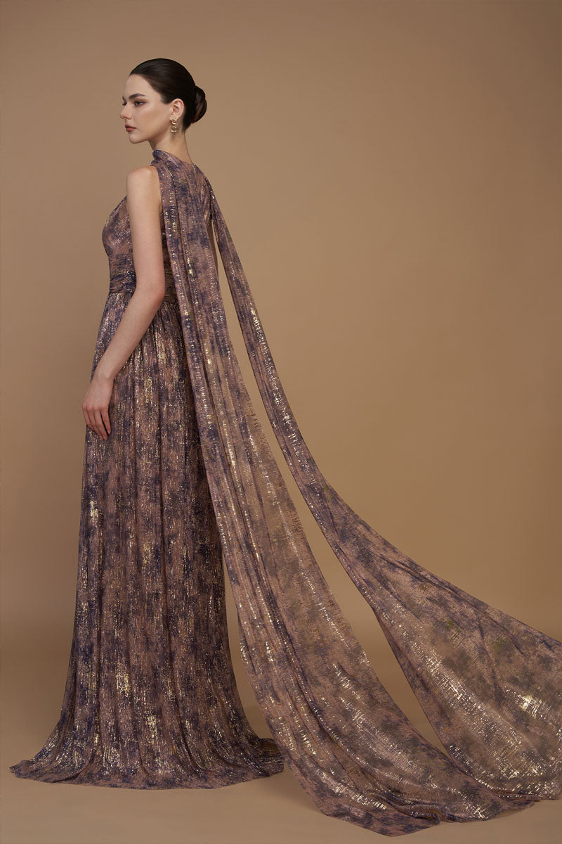 Bottle Neck A-Line Gown With Ruffle Back Train In Purple Tie-Dyed Golden Chiffon