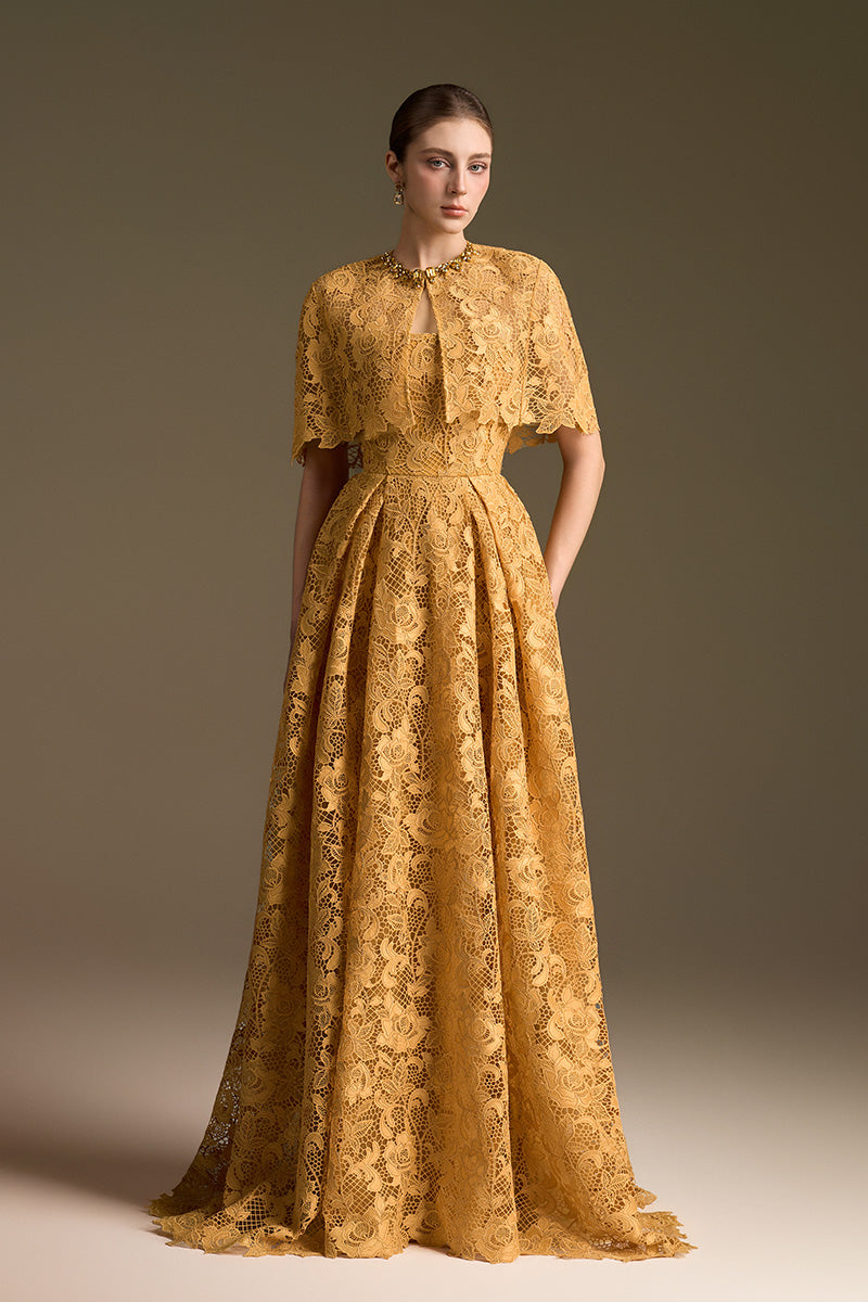 Burstier A-Line Gown With Mini Cape In Guipuire Lace