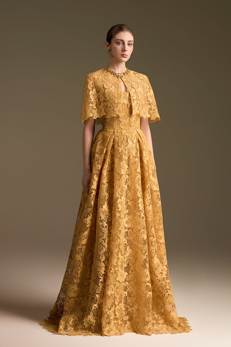 Burstier A-Line Gown With Mini Cape In Guipuire Lace