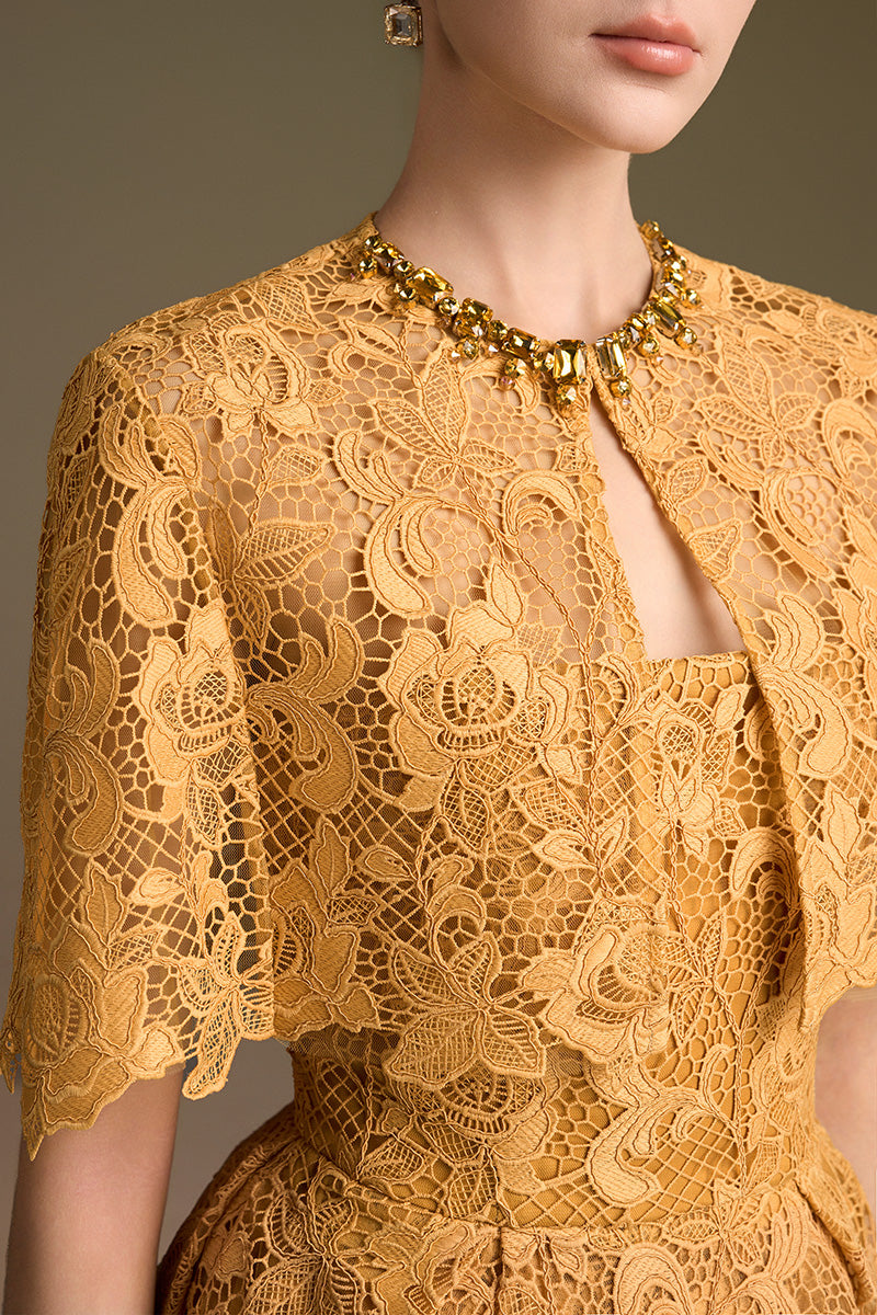 Burstier A-Line Gown With Mini Cape In Guipuire Lace