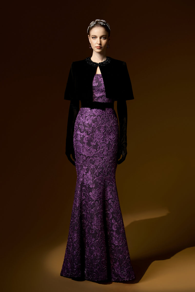 Burstier Mermaid Gown In Lace with Lyon Velvet Mini Cape And Belt
