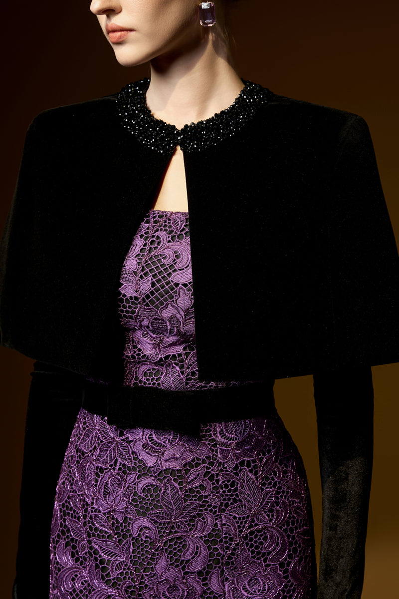 Burstier Mermaid Gown In Lace with Lyon Velvet Mini Cape And Belt