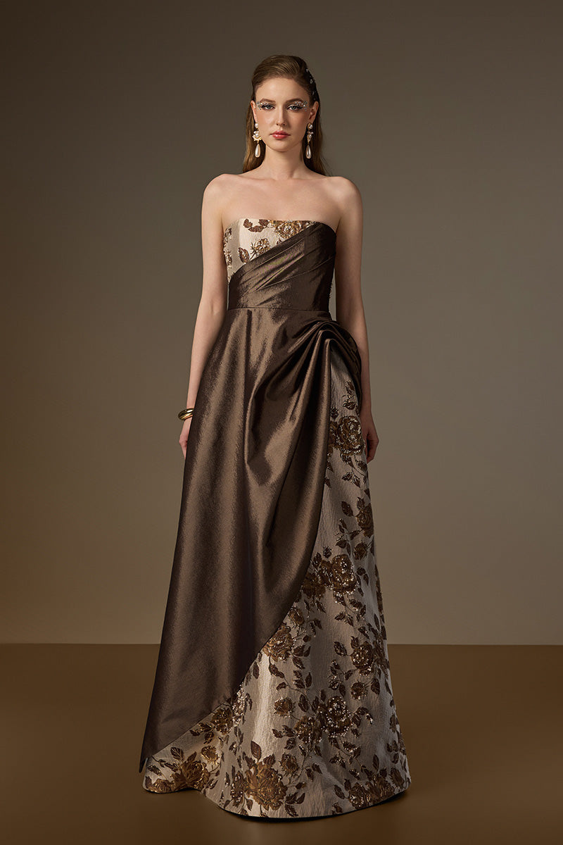 Bustier A-Line Gown With Asymmetric Draped Detail In Brown Rose Branch Brocade & Taffeta
