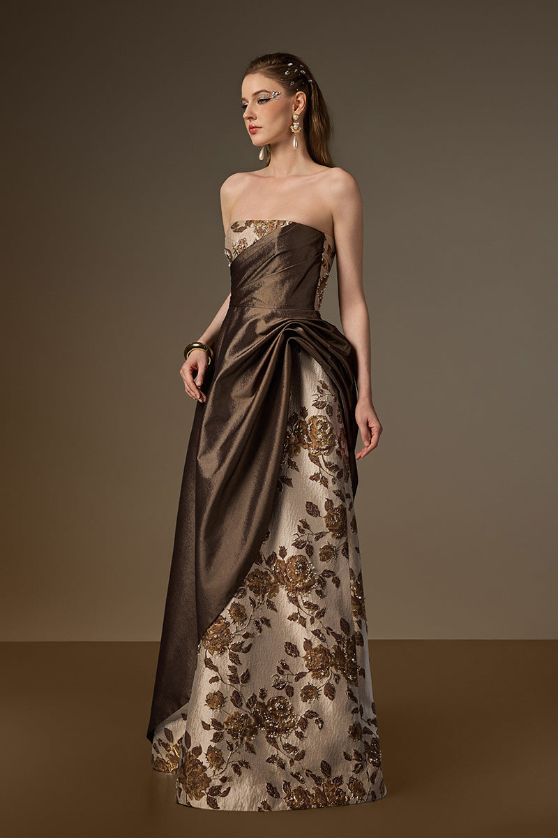 Bustier A-Line Gown With Asymmetric Draped Detail In Brown Rose Branch Brocade & Taffeta