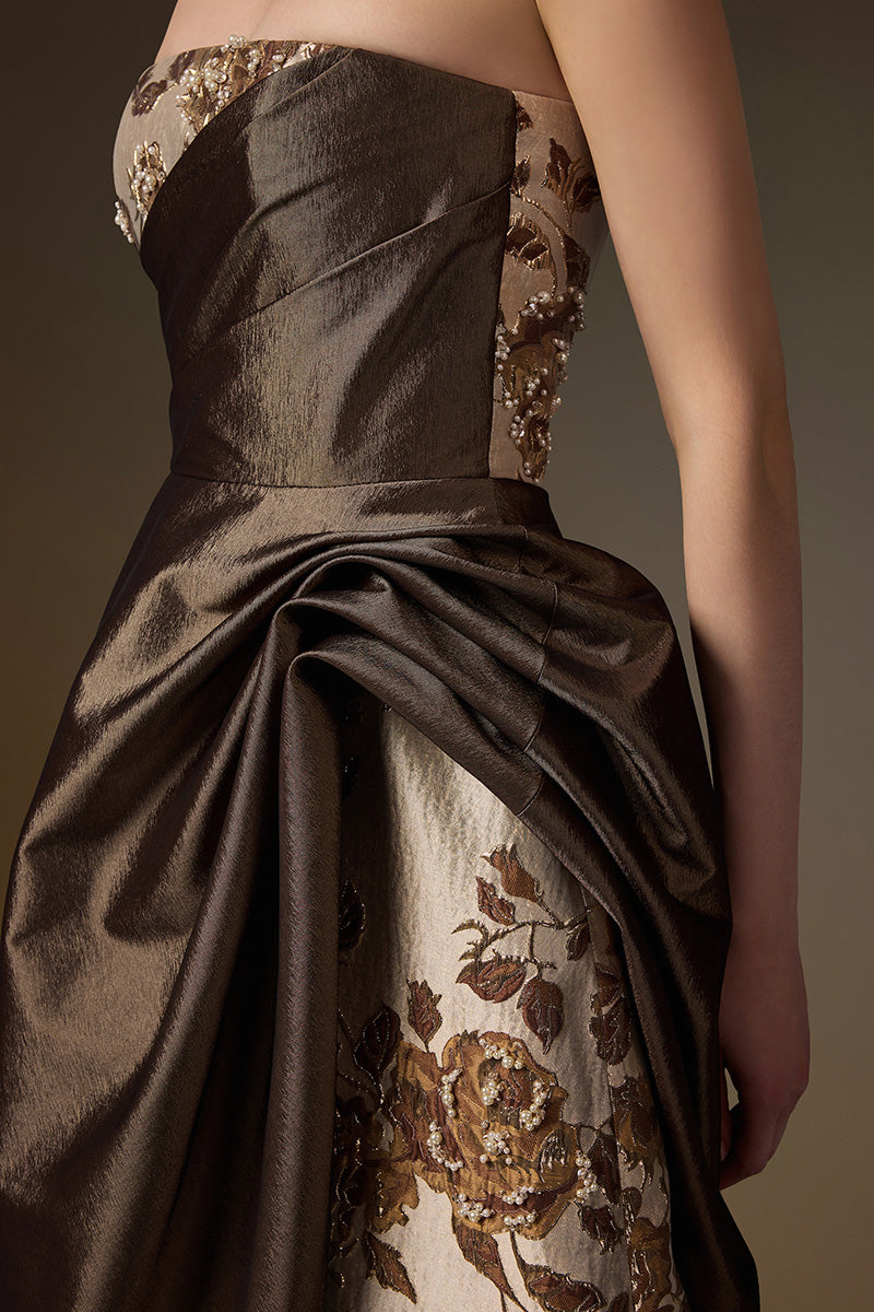 Bustier A-Line Gown With Asymmetric Draped Detail In Brown Rose Branch Brocade & Taffeta