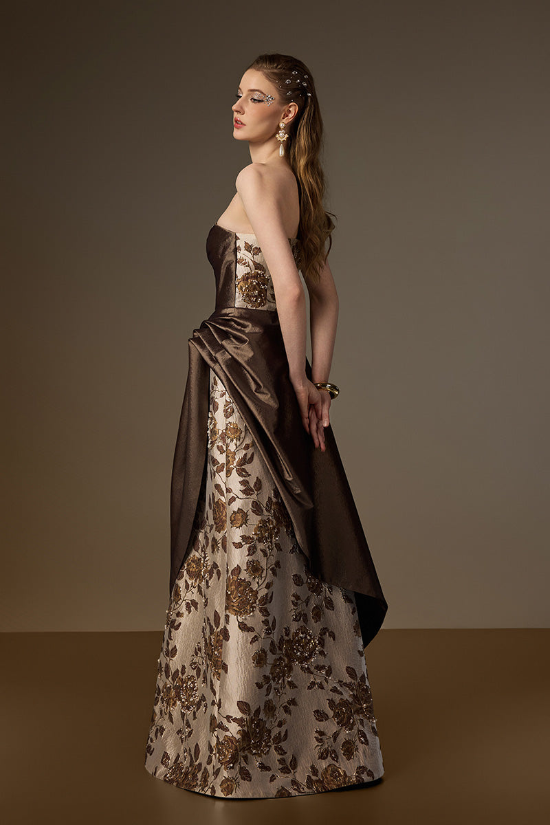 Bustier A-Line Gown With Asymmetric Draped Detail In Brown Rose Branch Brocade & Taffeta