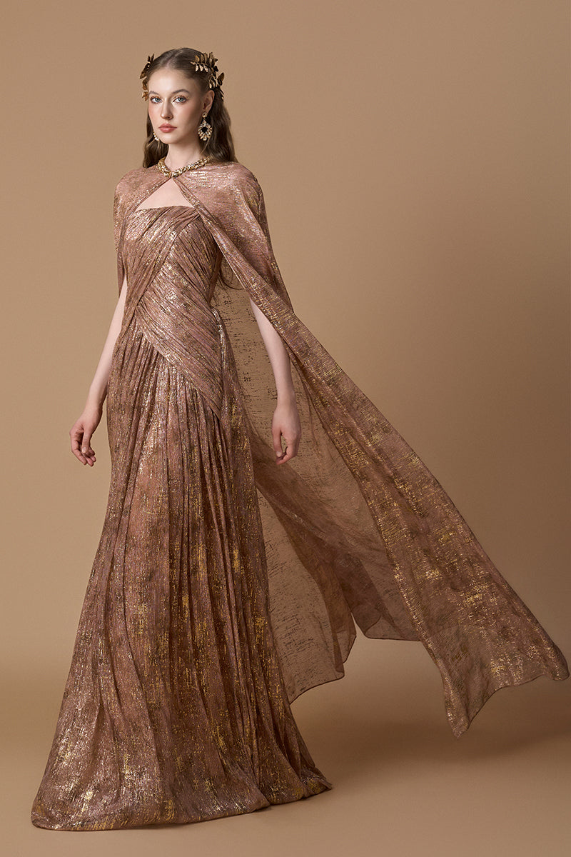 Bustier A-line Gown With Long Cape In Beige Tie-Dyed Golden Chiffon