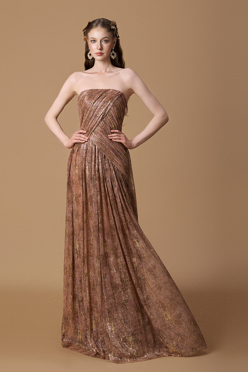Bustier A-line Gown With Long Cape In Beige Tie-Dyed Golden Chiffon