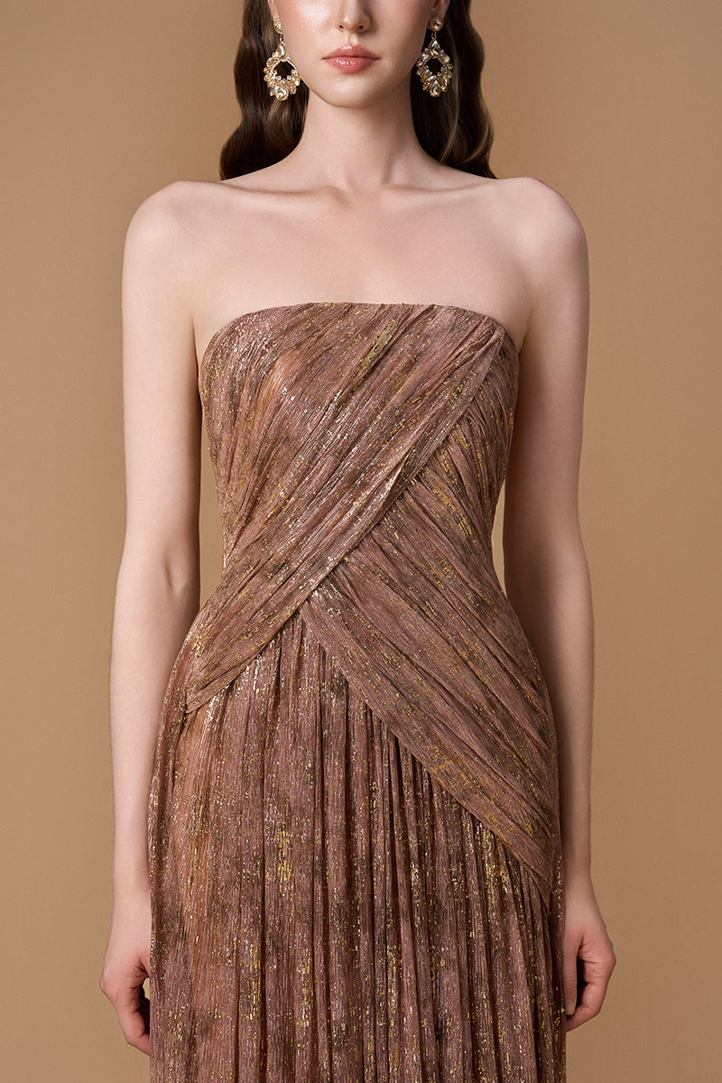 Bustier A-line Gown With Long Cape In Beige Tie-Dyed Golden Chiffon