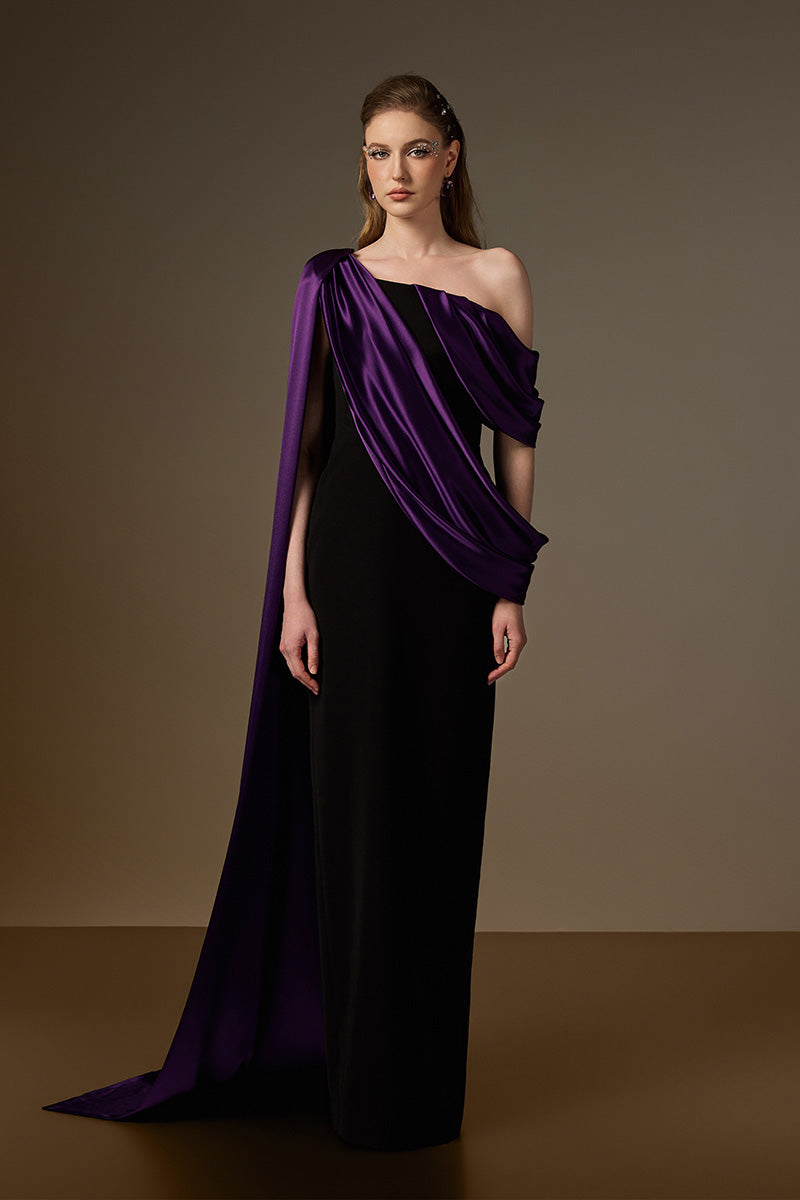 Bustier Column Gown With Asymmetric Draped Details In Black Crepe And Purple Silk