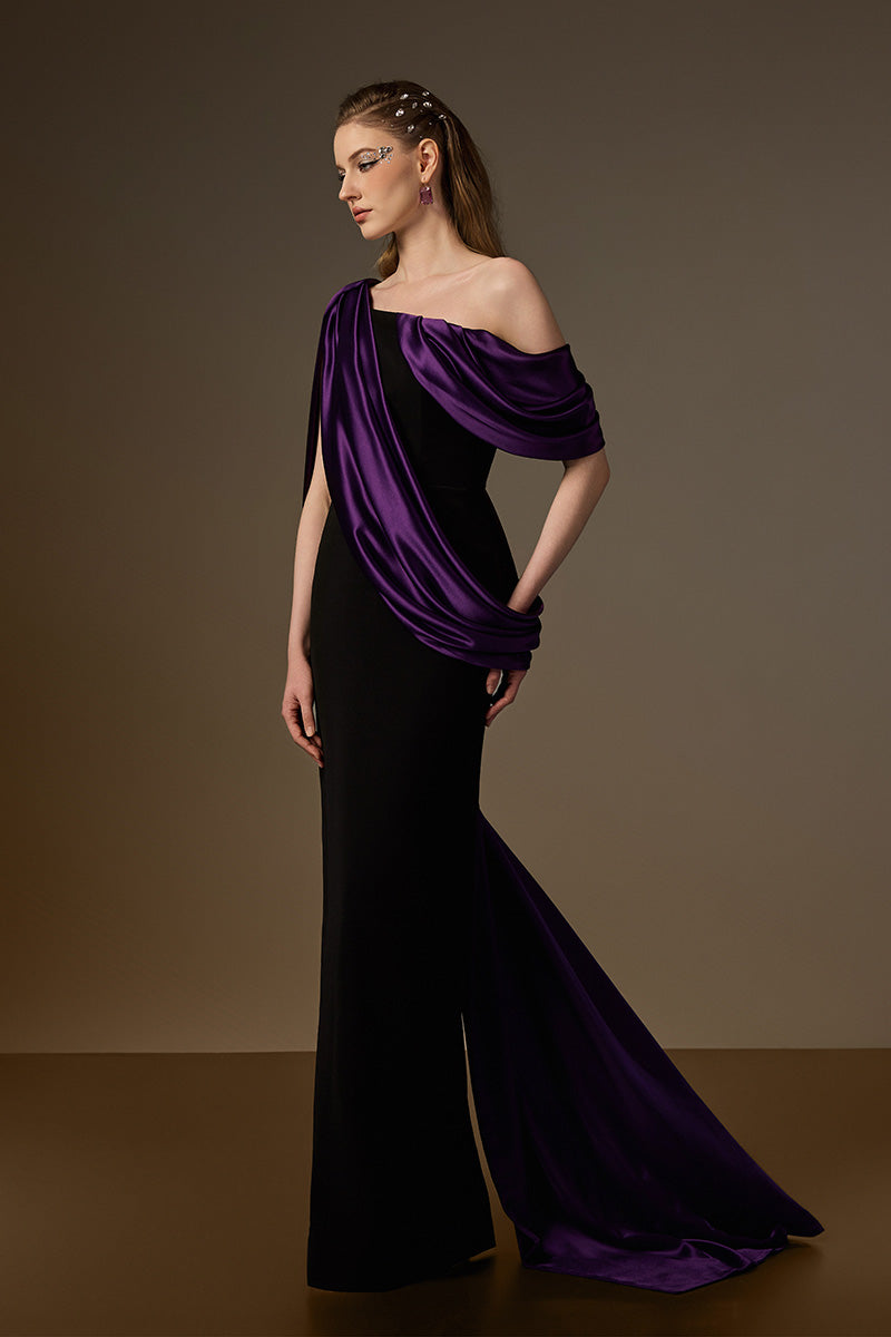 Bustier Column Gown With Asymmetric Draped Details In Black Crepe And Purple Silk