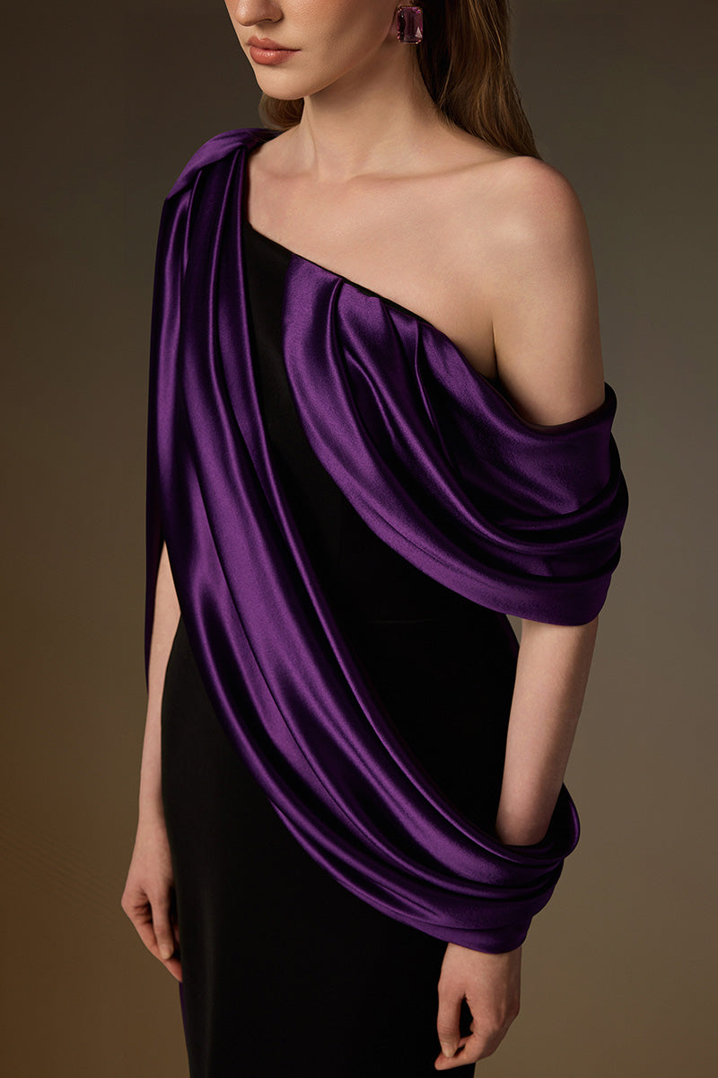 Bustier Column Gown With Asymmetric Draped Details In Black Crepe And Purple Silk