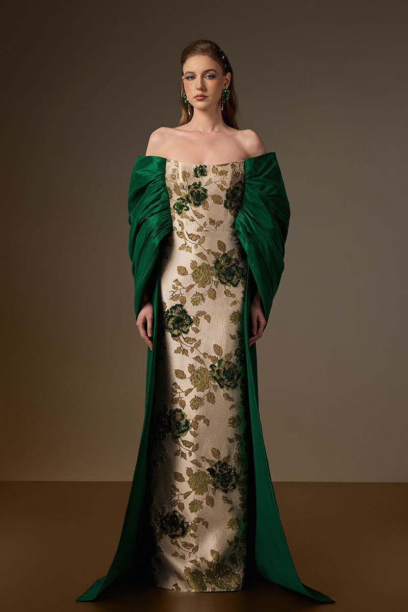 Bustier Column Gown With Draped Off-Shoulder Details In Green Rose Branch Brocade & Taffeta