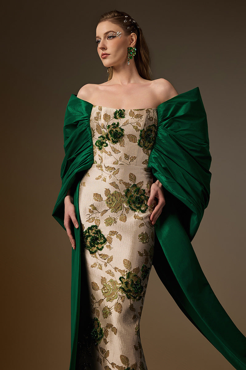 Bustier Column Gown With Draped Off-Shoulder Details In Green Rose Branch Brocade & Taffeta