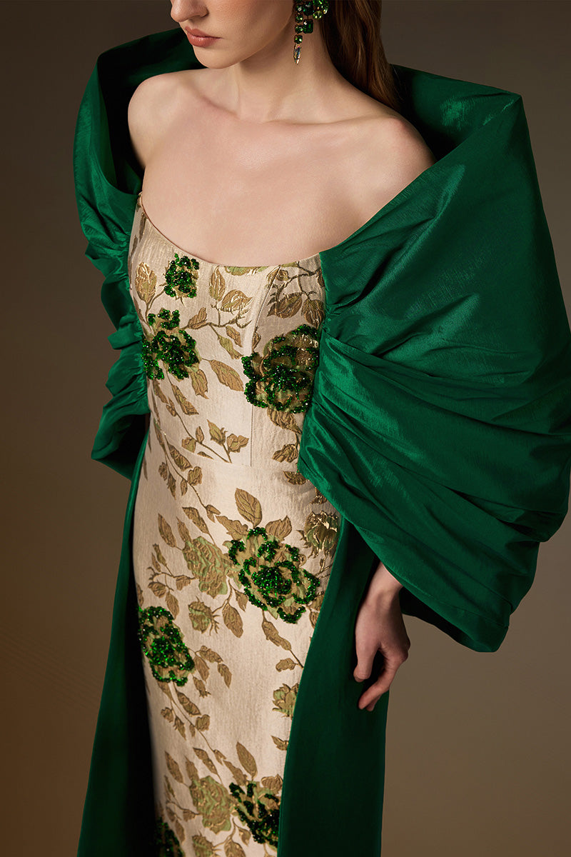 Bustier Column Gown With Draped Off-Shoulder Details In Green Rose Branch Brocade & Taffeta