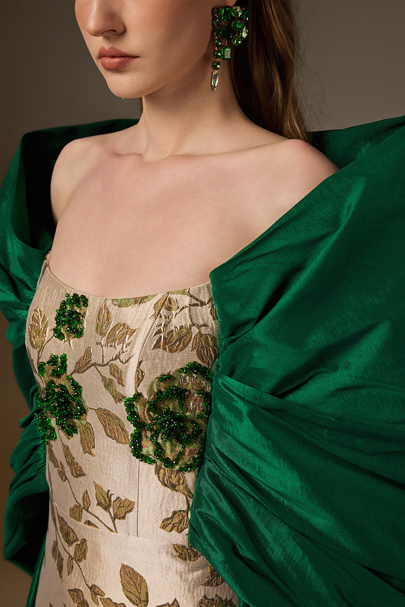 Bustier Column Gown With Draped Off-Shoulder Details In Green Rose Branch Brocade & Taffeta