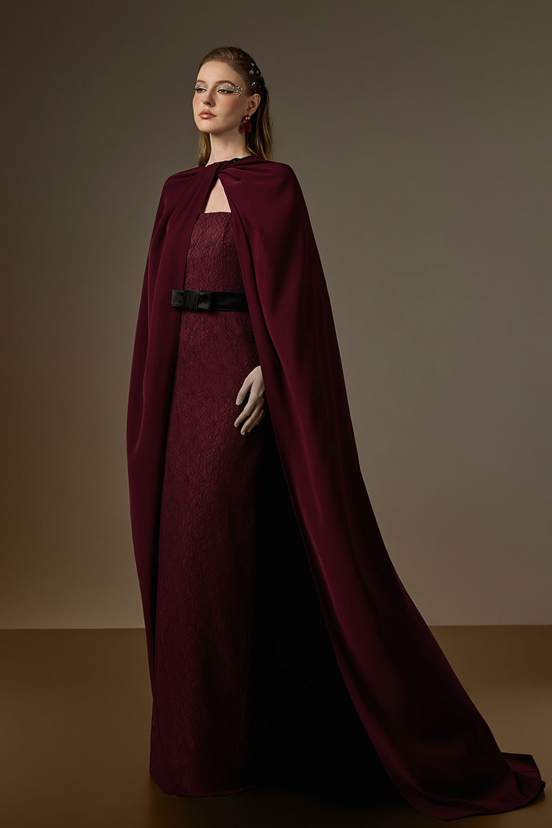 Bustier Column Gown With Long Cape In Burgundy Vine Guipure Lace & Crepe
